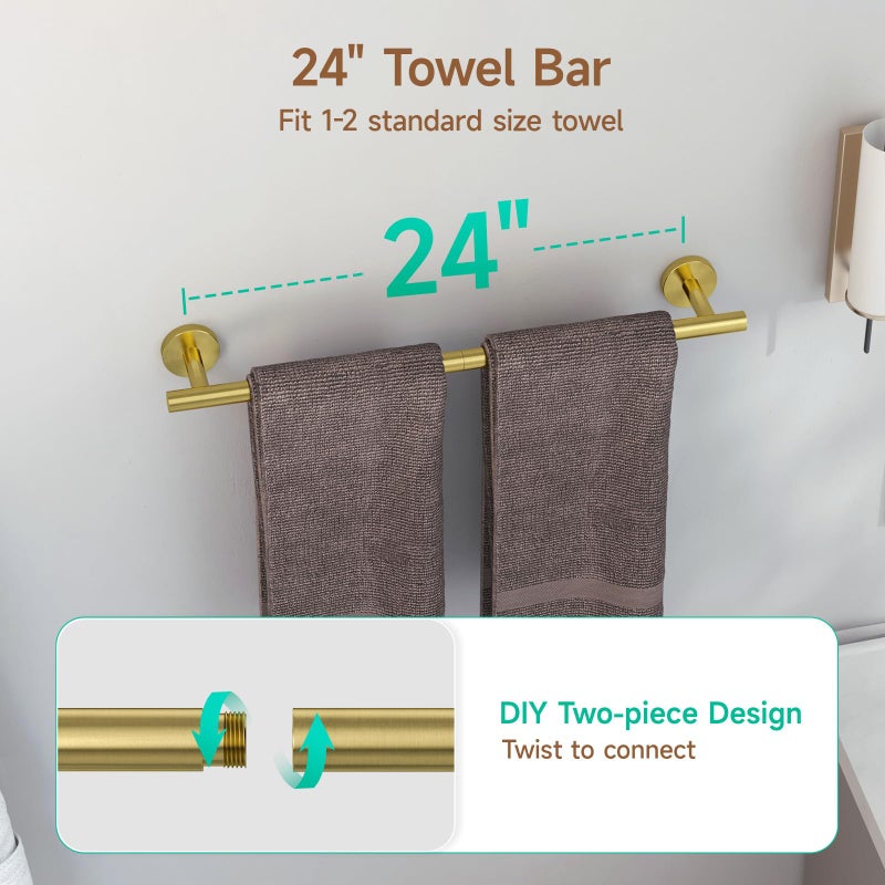 USHOWER Brushed Gold Bathroom Accessories Set  24-Inch Towel Bar Set Wall Mounted  Durable SUS304 Stainless Steel Bathroom Hardware Set  4-Piece - Image 2