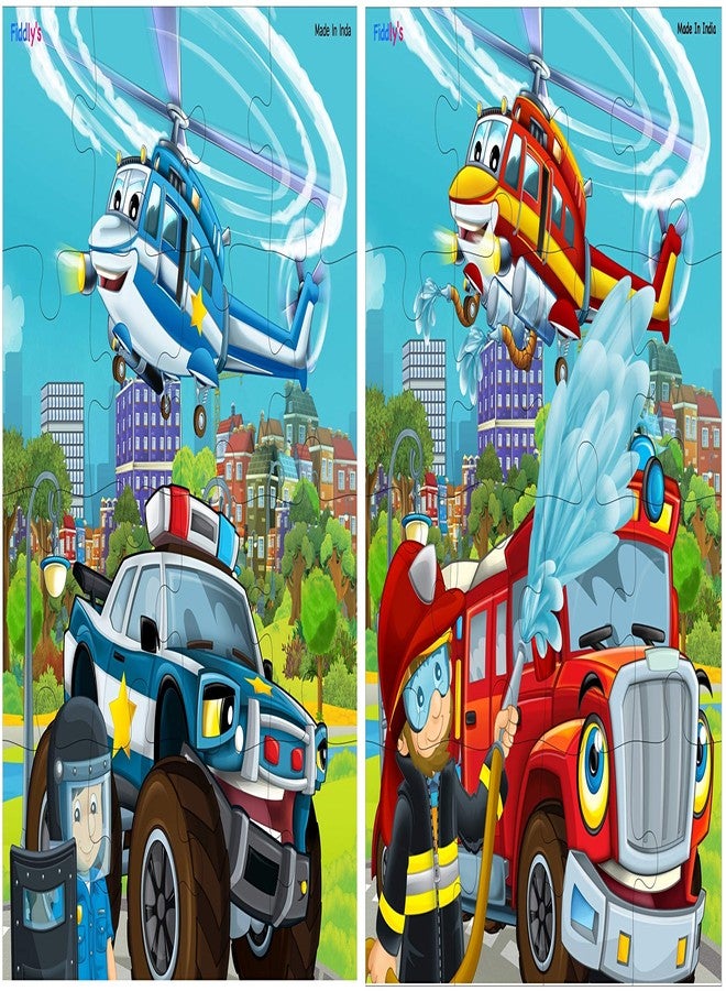 Fiddlys Fiddly's 16-Piece Wooden Jigsaw Puzzles for Kids Ages 3+, Double Layered Wooden Puzzles with Bright Front & Back Print (Pack of 2 - Fireman & Policeman) - Image 1
