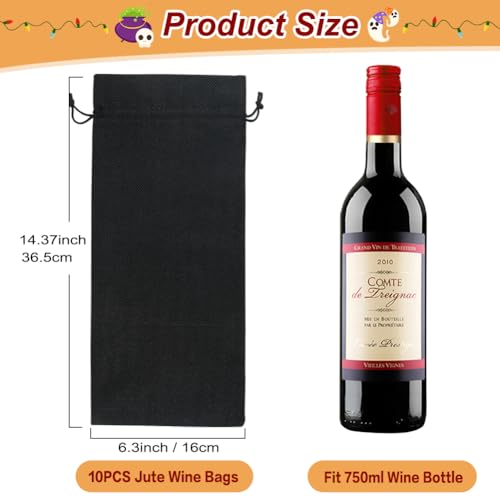 Shintop 10pcs Jute Wine Bags, 14 x 6 1/4 inches Hessian Wine Bottle Gift Bags with Drawstring for Party Halloween Festival Gift Favors (Black) - Image 2