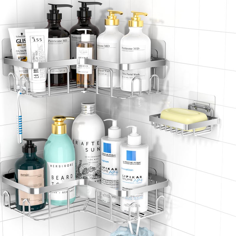 Moforoco Corner Shower Caddy 3 Pack Shower Organizer Shelf مع حامل الصابون و 12 خطافًا لرفوف دش لاصقة مقاومة للصدأ لحمام سلة الحمام سلة دش الحمام (الفضة) - Image 1