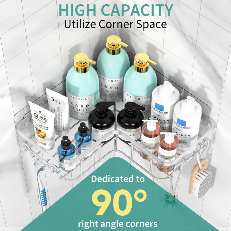 Moforoco Corner Shower Caddy 3 Pack Shower Organizer Shelf مع حامل الصابون و 12 خطافًا لرفوف دش لاصقة مقاومة للصدأ لحمام سلة الحمام سلة دش الحمام (الفضة) - Image 2