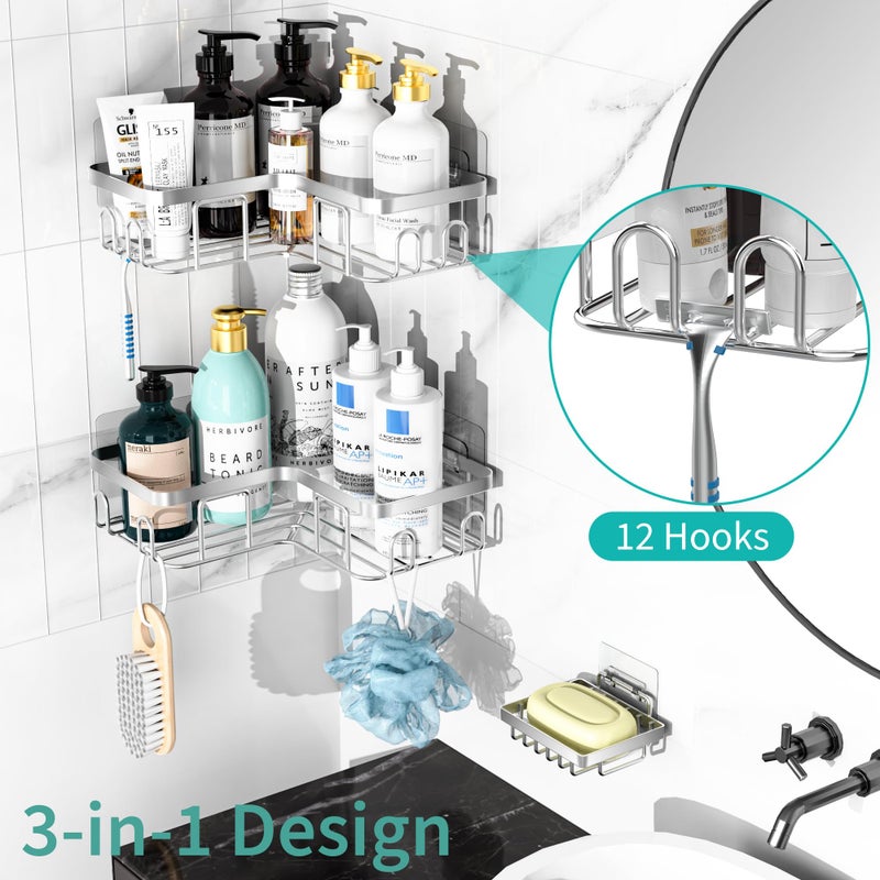 Moforoco Corner Shower Caddy 3 Pack Shower Organizer Shelf مع حامل الصابون و 12 خطافًا لرفوف دش لاصقة مقاومة للصدأ لحمام سلة الحمام سلة دش الحمام (الفضة) - Image 3