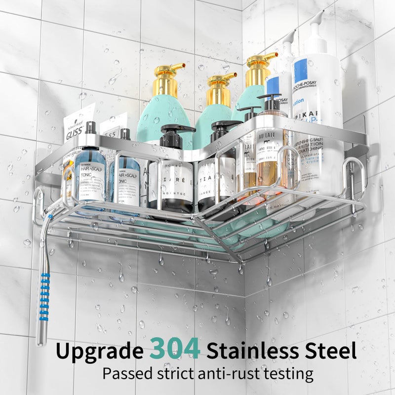 Moforoco Corner Shower Caddy 3 Pack Shower Organizer Shelf مع حامل الصابون و 12 خطافًا لرفوف دش لاصقة مقاومة للصدأ لحمام سلة الحمام سلة دش الحمام (الفضة) - Image 4