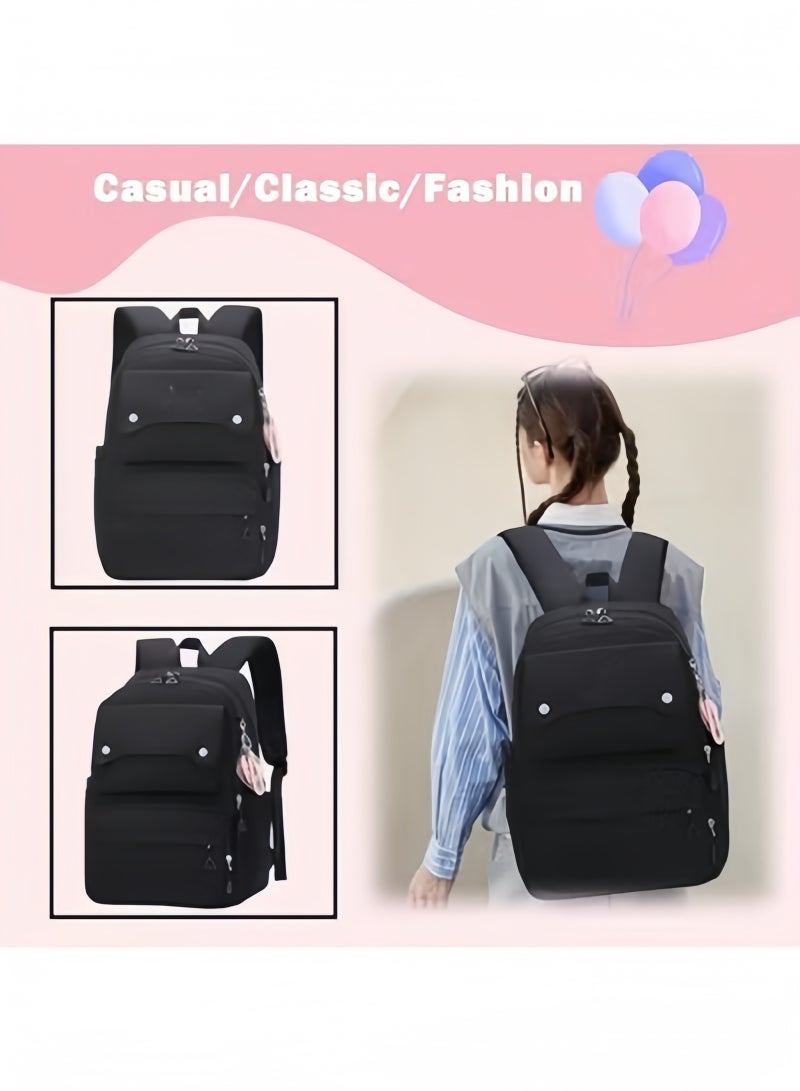 GGEROU حقيبة ظهر كاجوال للأطفال بلون موحد حقيبة للبنات في المرحلة الابتدائية والمتوسطة حقيبة سفر للمراهقين سوداء - Image 2