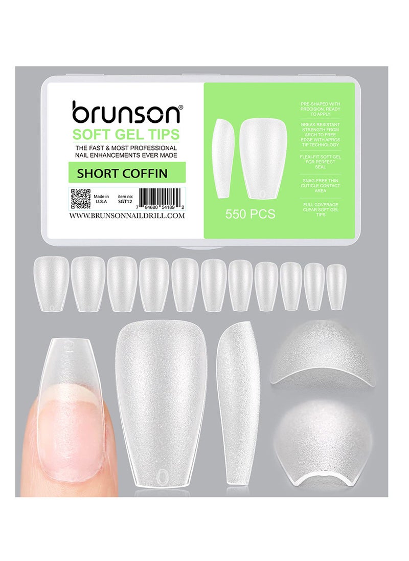 brunson - Matte Soft Gel Tips, No File Needed- Full Cover False Nails, Clear Acrylic & Strong Tips for Press On Extension - 12 Sizes Soft gel Tips Short Coffin C-curved clear nail tips - Image 1