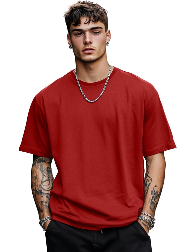Veirdo®Red Oversized Baggy Fit Drop Shoulder Half Sleeves Round Neck Solid Pure Cotton T-Shirt for Men (OS_100_RED_XXL) - Image 1