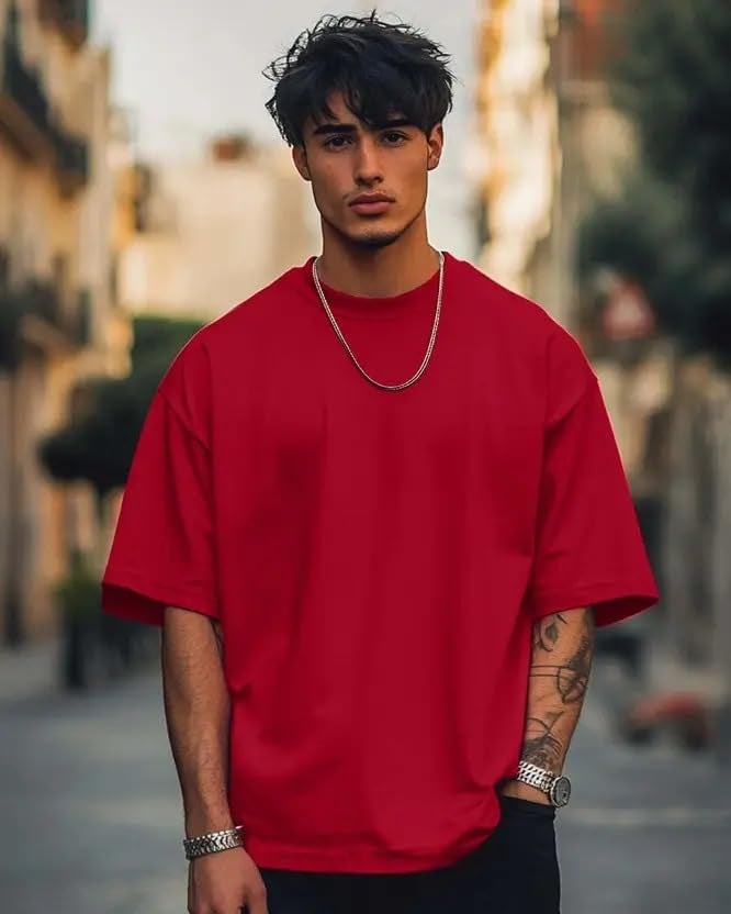 Veirdo®Red Oversized Baggy Fit Drop Shoulder Half Sleeves Round Neck Solid Pure Cotton T-Shirt for Men (OS_100_RED_XXL) - Image 2