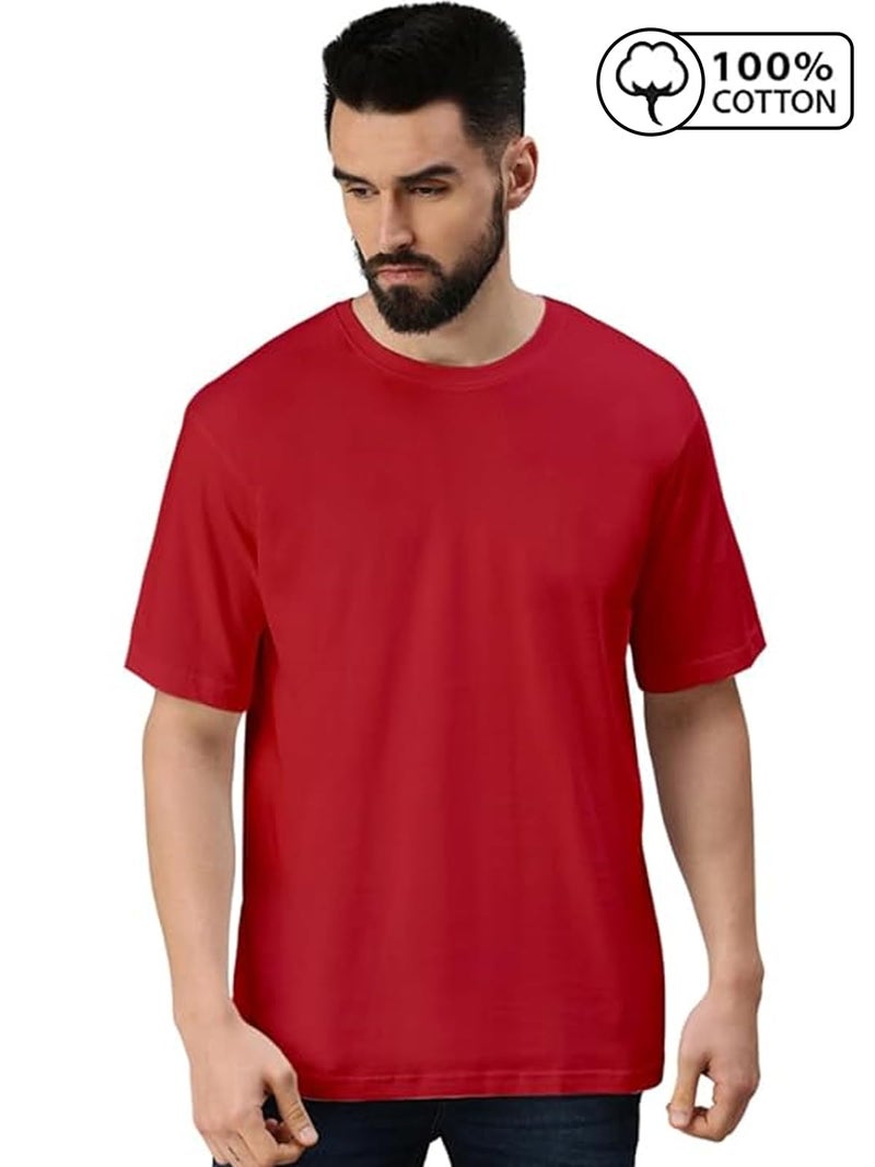 Veirdo®Red Oversized Baggy Fit Drop Shoulder Half Sleeves Round Neck Solid Pure Cotton T-Shirt for Men (OS_100_RED_XXL) - Image 3
