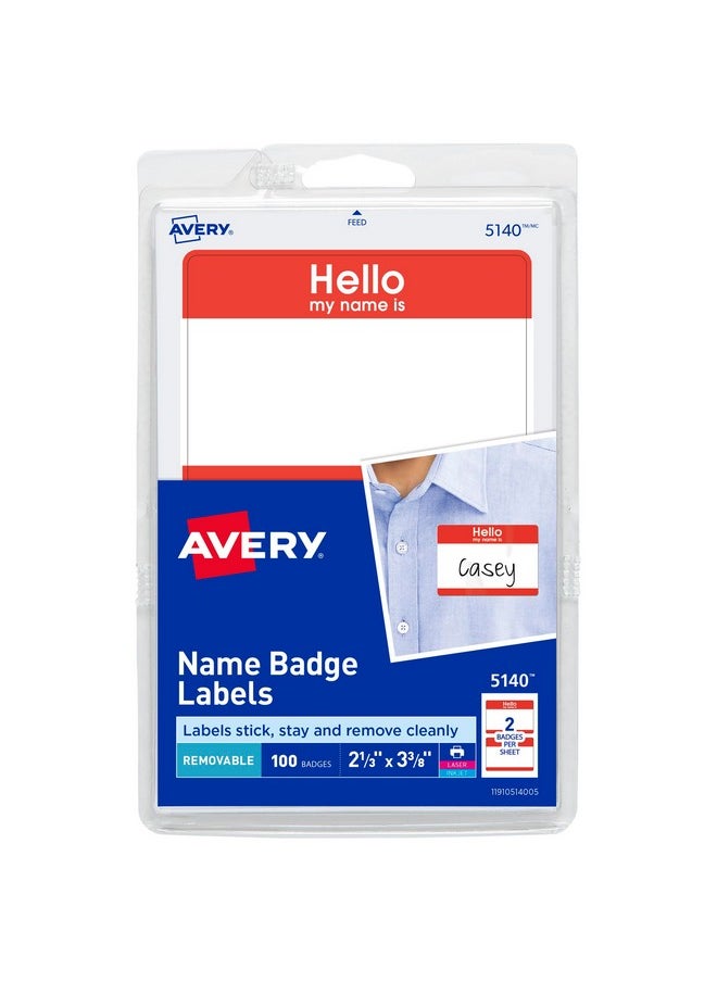 افيري بطاقات اسم Avery Hello My Name is Name، بيضاء مع حدود حمراء، 100 شارة اسم قابلة للإزالة (05140)  - Image 1