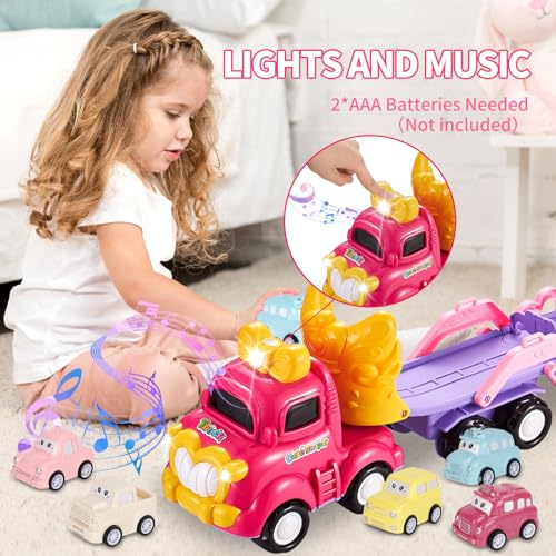 Sciencow Toddler Girls Cars for 1 2 3 4 5 Year Old7in1 Pink Princess Foldable Transport Carrier Trucks with Lights and MusicBirthday Presents for 13 35 Yrs Old Babys - Image 5