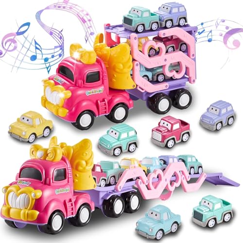 Sciencow Toddler Girls Cars for 1 2 3 4 5 Year Old7in1 Pink Princess Foldable Transport Carrier Trucks with Lights and MusicBirthday Presents for 13 35 Yrs Old Babys - Image 1