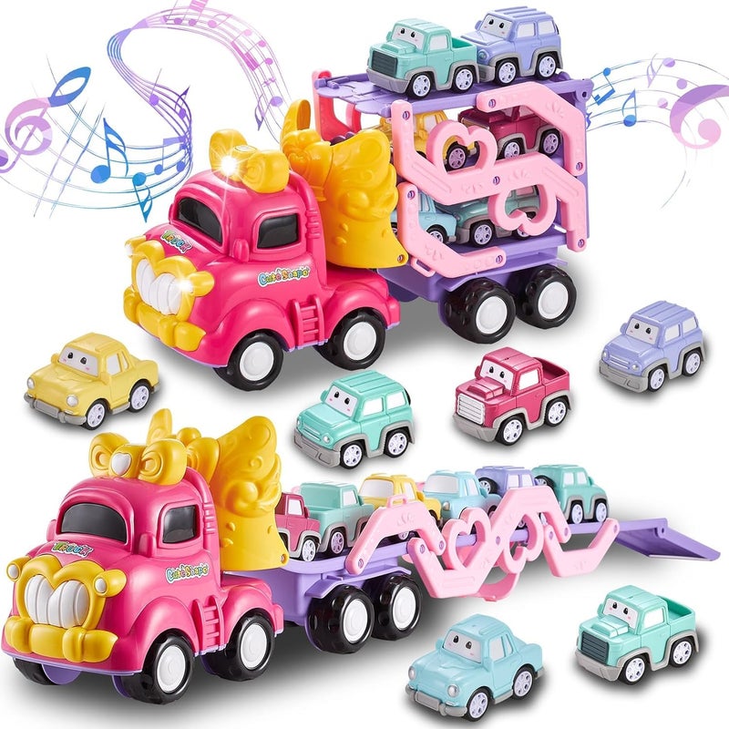 Sciencow Toddler Girls Cars for 1 2 3 4 5 Year Old7in1 Pink Princess Foldable Transport Carrier Trucks with Lights and MusicBirthday Presents for 13 35 Yrs Old Babys - Image 3