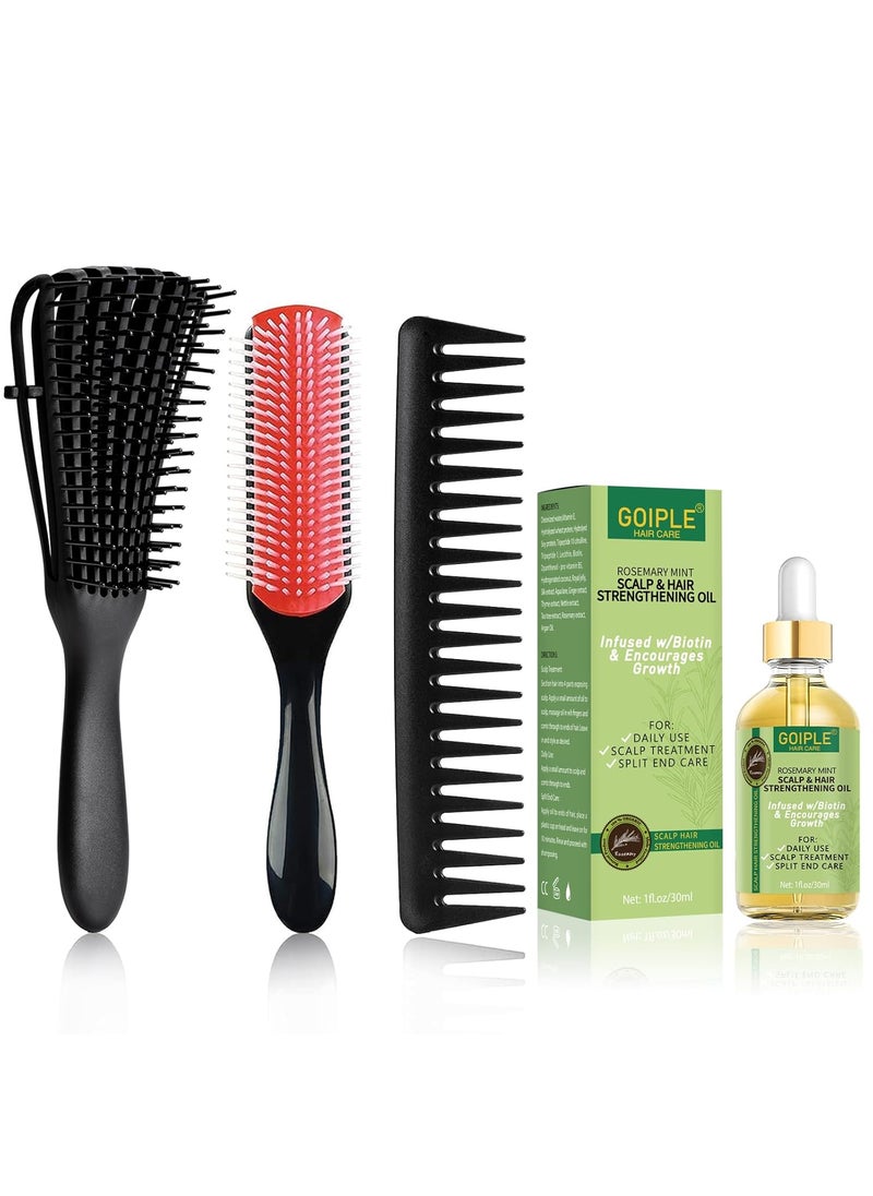 WOZUTUNT - Curly Hair Brush Set for WomenMenKids Detangler Brush Wide Tooth Comb 9 Row Nylon Bristle Rosemary Hair Growth Oil  4 Count DBblack4pcs - Image 1