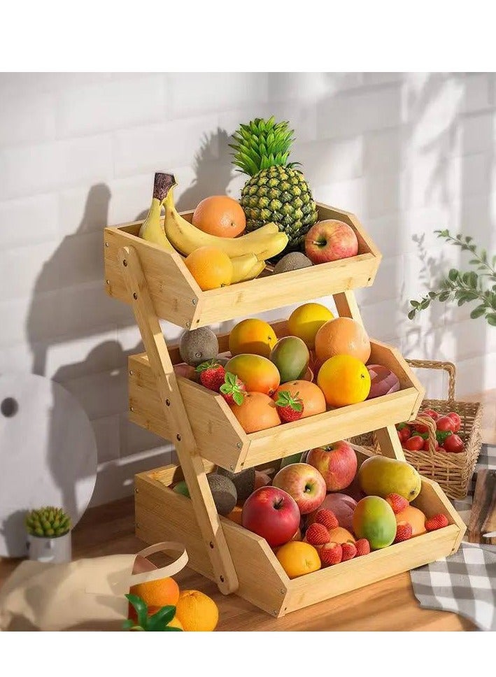 3-Tier Fruit Basket, Fruit Organizer for Kitchen Table, Bamboo Wood Vegetable Storage Rack k 