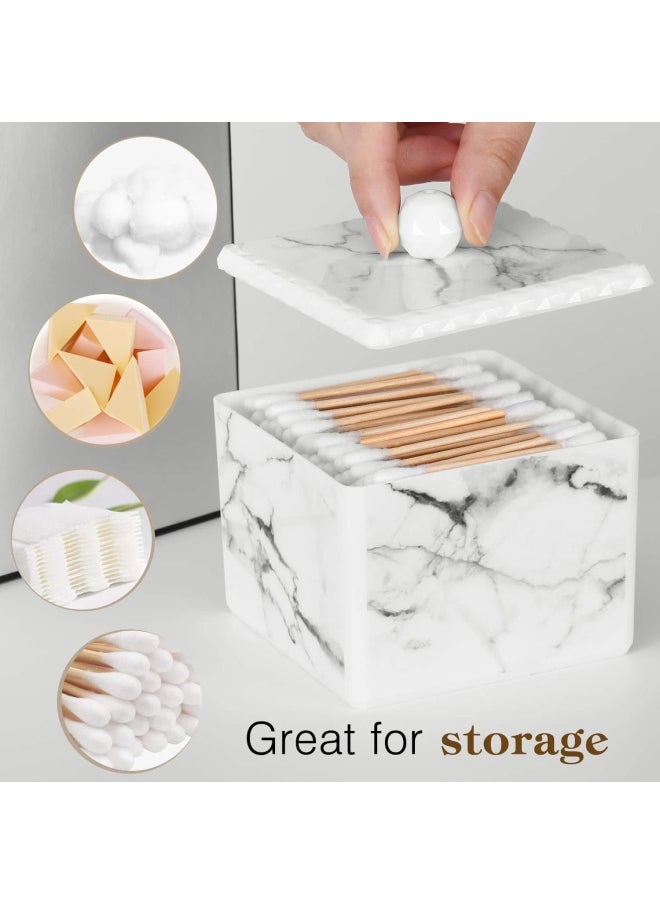 Luxspire Luxspire Cotton Swab Storage Box with Lid  Q-Tip Swab Holder Cotton Ball Canister Jar Cotton Bud Round Dispenser Box  Cosmetics Makeup Countertop Vanity Bathroom Organizer Containers  Marble White  - Image 2