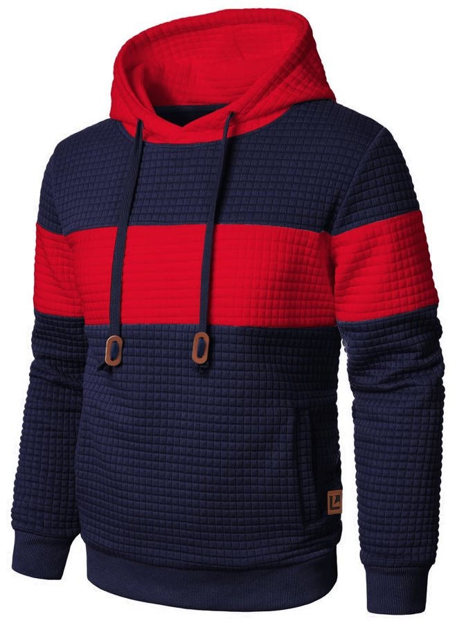 Qichic Men's Sweatshirts Long Sleeve Pullover Patchwork Plaid Jacquard Hoodie Casual Drawstring Hoody Top Navy Red XXL, Navy Red, XXL - Image 1