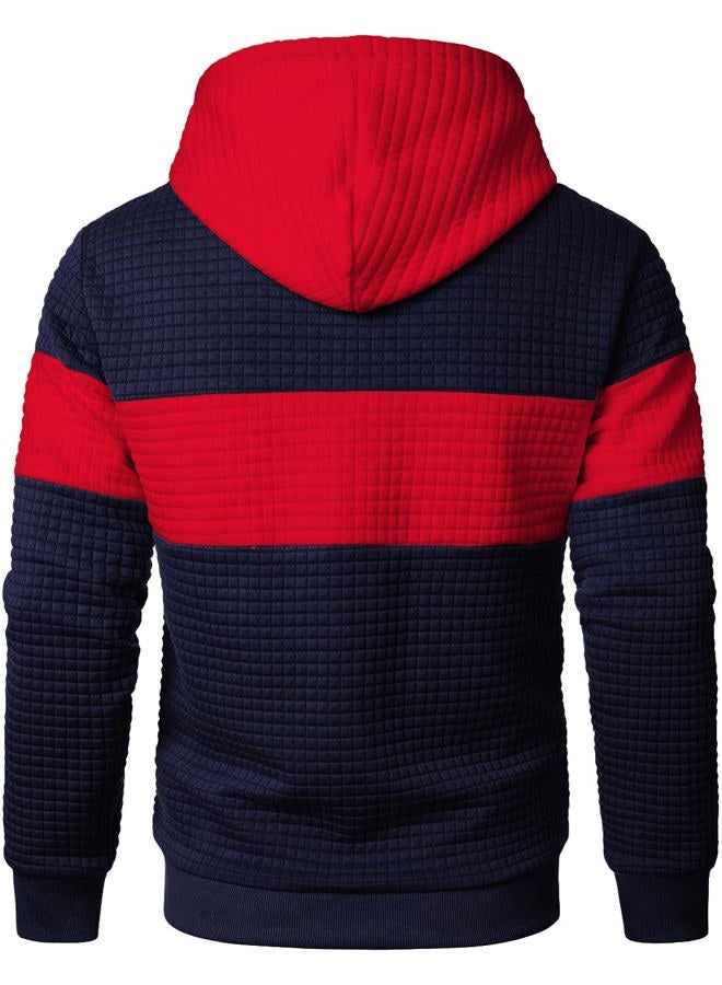Qichic Men's Sweatshirts Long Sleeve Pullover Patchwork Plaid Jacquard Hoodie Casual Drawstring Hoody Top Navy Red XXL, Navy Red, XXL - Image 4