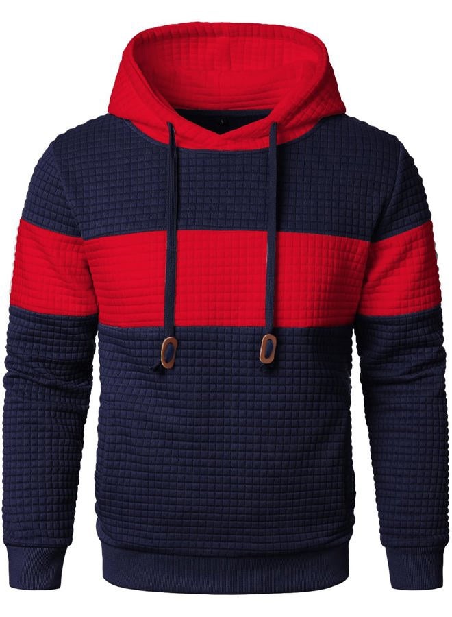 Qichic Men's Sweatshirts Long Sleeve Pullover Patchwork Plaid Jacquard Hoodie Casual Drawstring Hoody Top Navy Red XXL, Navy Red, XXL - Image 3