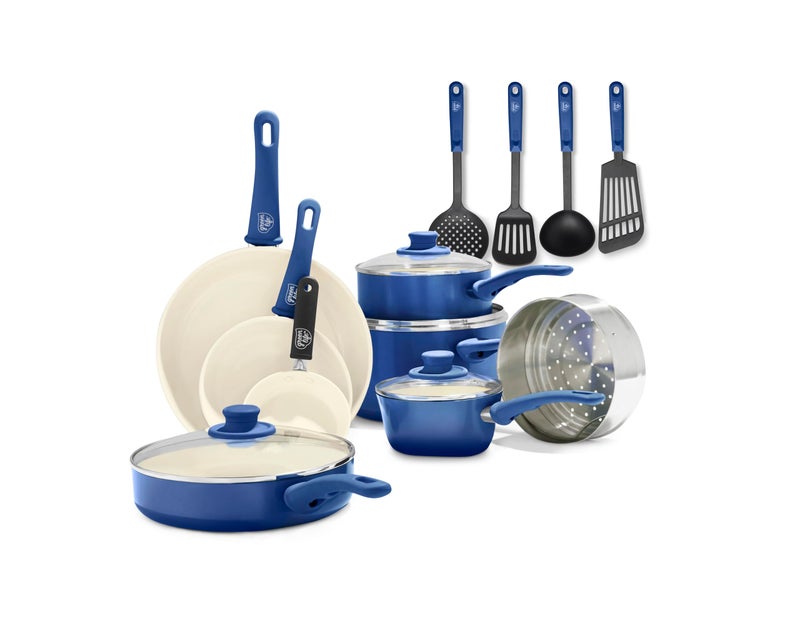 GreenLife 16 Piece Nonstick Cookware Set, Soft Grip Non-Toxic PFAS-Free Ceramic Pots & Pans, Dishwasher & Oven Safe, Frying, Sauce, Saute, Utensils, Glass Lids, Stay-Cool Handles, Wobble Free, Blue - Image 1