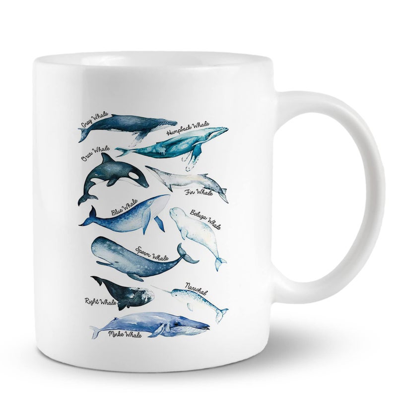PUHEI Species of Whales Watercolor Print 11 Ounces Ceramic Mug Cup Marine Animal Coffee Tea Mug CupHome Girls Room Dorm Office Decor Whale Gifts For Birthday Christmas Whale Lovers Gifts