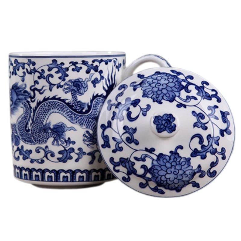 QPOIBSD Chinese Gongfu Loose Leaf Tea/Coffee Brewing System - Bone China & White Porcelain Teacup/Coffee Cup - 450ml - Blue Dragon - Image 1