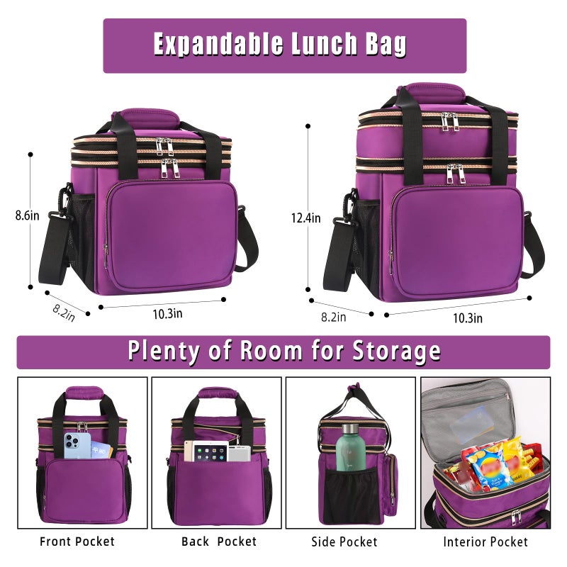 GLENKEY Expandable Insulated Lunch Box, Double Deck Lightweight Large Lunch Bag Tote Leakproof Cooler Bags for Women Adults Work Outdoor Picnic Daytrip, Purple, 16L - Image 3