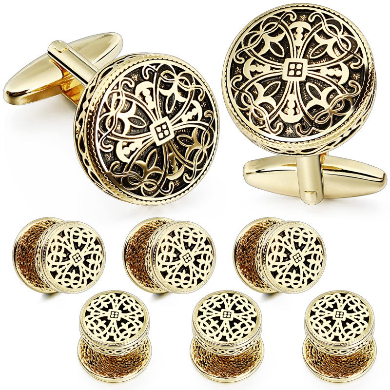 HAWSON Retro Pattern Cufflinks and Tuxedo Shirt Studs Set for Men Wedding Birthday Party with Gift Box - Image 1