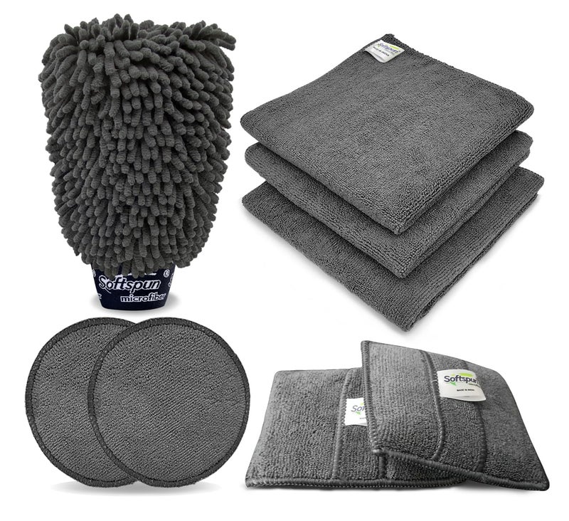 SOFTSPUN SOFTSPUN Microfiber Chenille & SingleSide Gloves 1700GSM & 2 Round & 2Square Polishing Pads with Towel 340GSM 3Piece Pack of 8 Combo Grey Multipurpose SuperAbsorbent and Perfect Car wash Cleaning kit.  - Image 1
