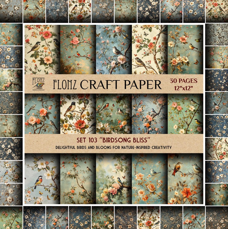 FLONZ Scrapbook Paper (30 pages 12"x12") Birdsong Bliss: Delightful Birds and Blooms for Nature-Inspired Crafting Creativity ~ Vintage Styled Double Sided Paper Pad for Craft Cardmaking