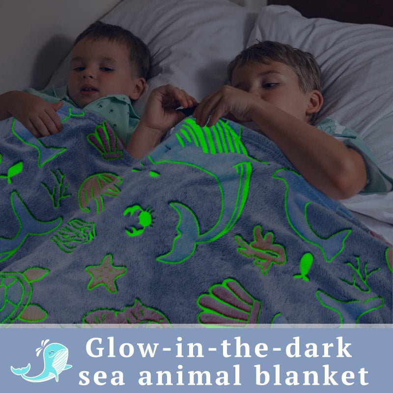 obinsm Glow in The Dark Throw Blanket Dolphin Marine Life Luminous Blankets and Throws Blue Colorful Plush Blankets Soft Glowing Throw Gift for Kids Girls Boys Teens Age 1-15 Years Old - Image 2
