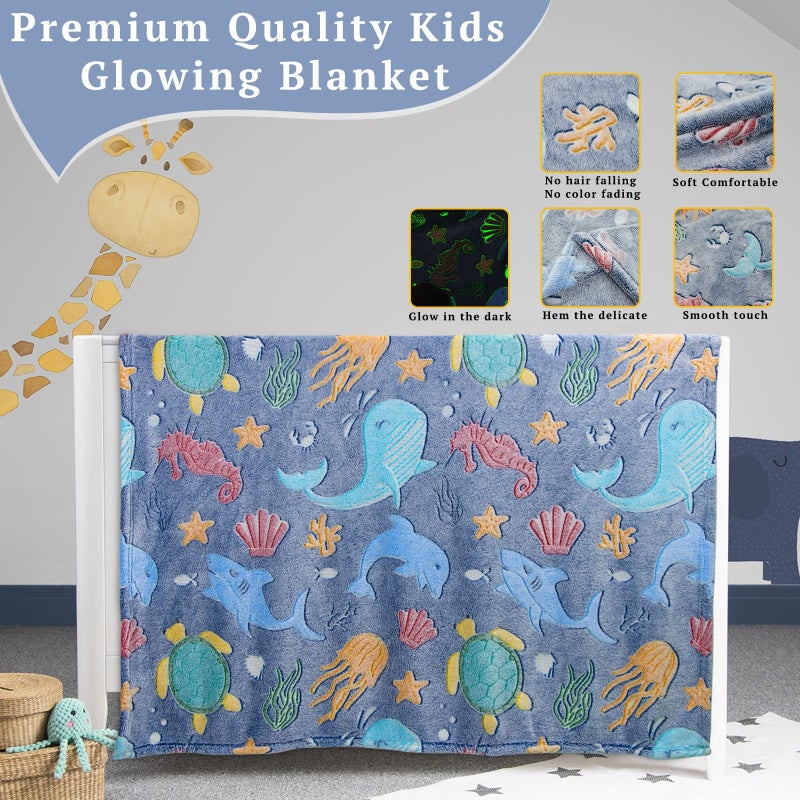obinsm Glow in The Dark Throw Blanket Dolphin Marine Life Luminous Blankets and Throws Blue Colorful Plush Blankets Soft Glowing Throw Gift for Kids Girls Boys Teens Age 1-15 Years Old - Image 4