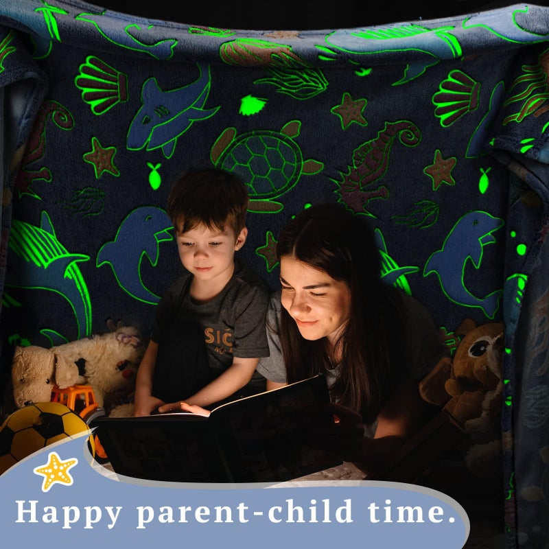 obinsm Glow in The Dark Throw Blanket Dolphin Marine Life Luminous Blankets and Throws Blue Colorful Plush Blankets Soft Glowing Throw Gift for Kids Girls Boys Teens Age 1-15 Years Old - Image 3