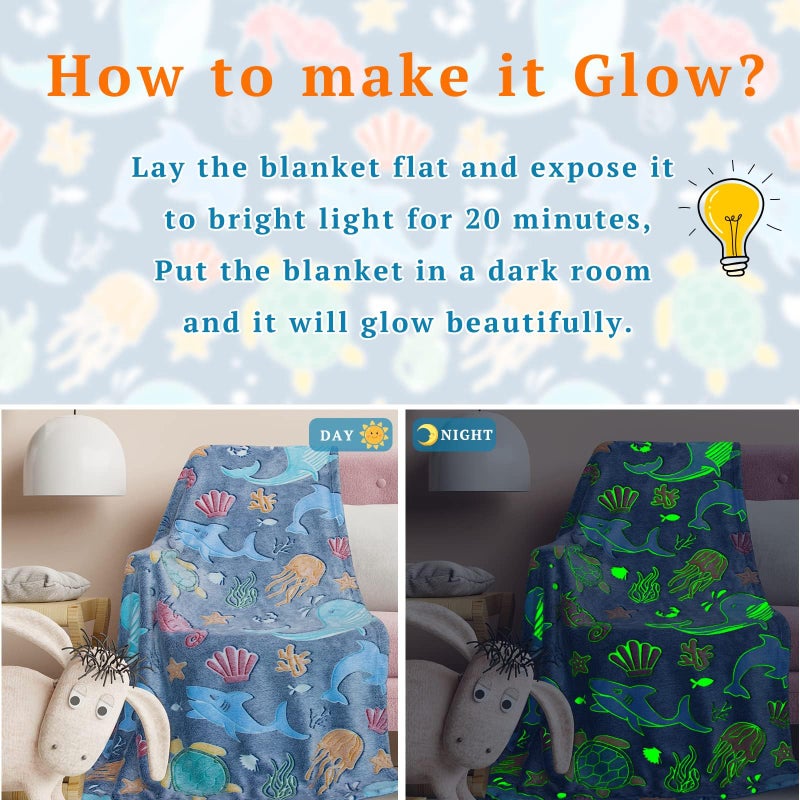 obinsm Glow in The Dark Throw Blanket Dolphin Marine Life Luminous Blankets and Throws Blue Colorful Plush Blankets Soft Glowing Throw Gift for Kids Girls Boys Teens Age 1-15 Years Old - Image 5
