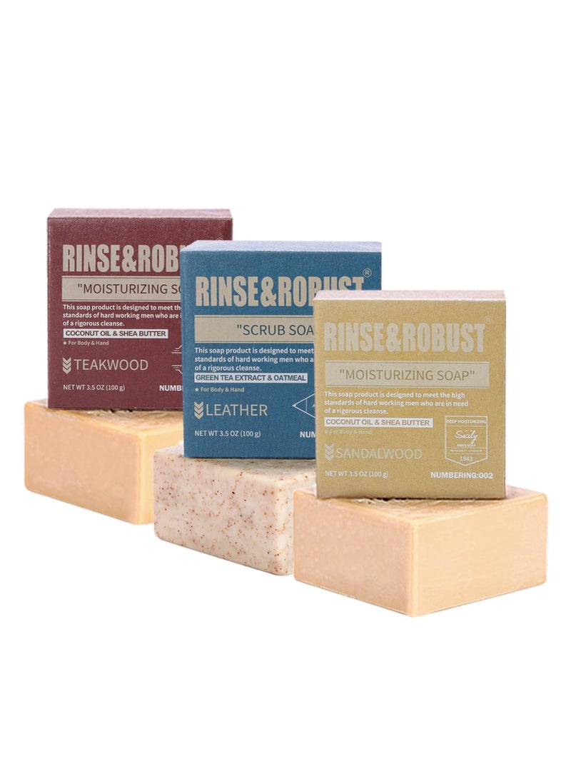 Rinse & Robust Mens Bar Soap Bath Bar Soap 3Pack Handmade Natural Soap Bar Set Cleansing Bar Moisturizing&Exfoliating Scrub Soap Gift Set for Men | Leather, Sandalwood, Teakwood | 3.5 oz of 3 Bars - Image 1