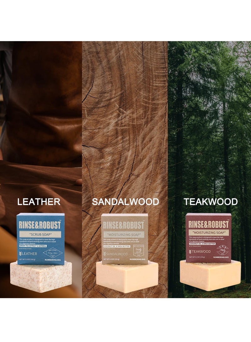 Rinse & Robust Mens Bar Soap Bath Bar Soap 3Pack Handmade Natural Soap Bar Set Cleansing Bar Moisturizing&Exfoliating Scrub Soap Gift Set for Men | Leather, Sandalwood, Teakwood | 3.5 oz of 3 Bars - Image 5