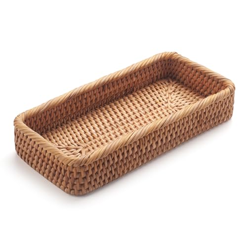 DECRAFTS Rattan Bathroom Vanity Trays Toilet Tank Baskets Long Narrow Hand Towel Storage Basket for Storage, Decorative (Natural 10.2 x 4.9 x 1.6 inch) - Image 3