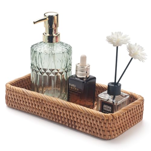 DECRAFTS Rattan Bathroom Vanity Trays Toilet Tank Baskets Long Narrow Hand Towel Storage Basket for Storage, Decorative (Natural 10.2 x 4.9 x 1.6 inch) - Image 1