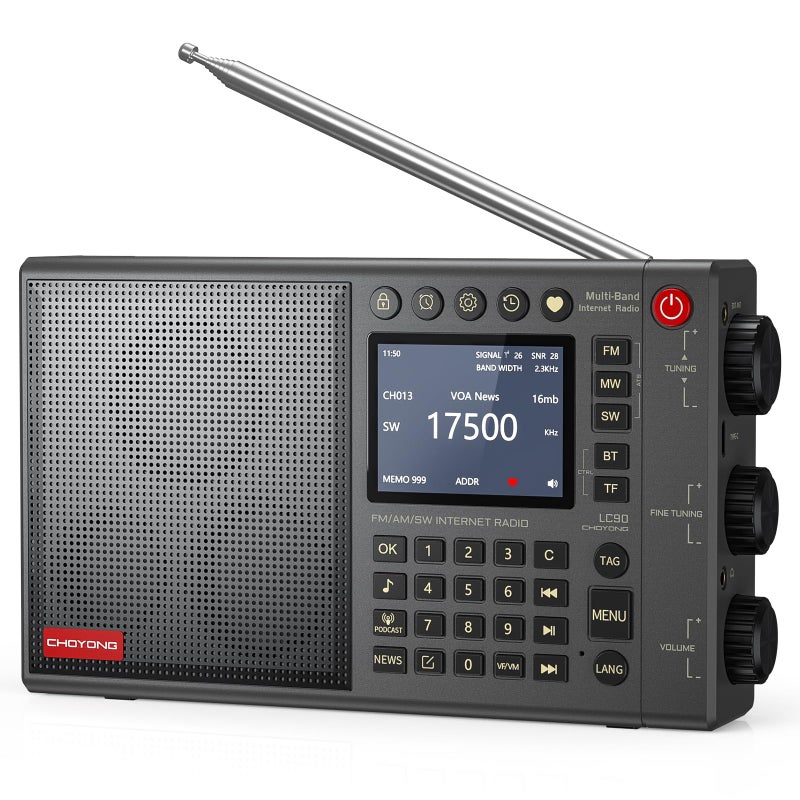 راديو إنترنت محمول CHOYONG LC90 WiFi4G مع بطارية قابلة للشحن سعة 5000 مللي أمبير و40 ألف محطة راديو ومكبر صوت بلوتوث وساعة منبه 15 واط
