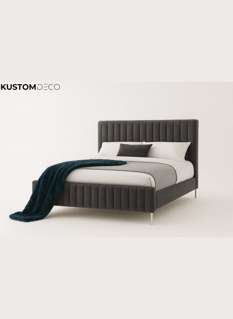KustomDeco Vibrant Luxury Velvet Upholstered Bed Frame with Channel-Tufted Headboard & Footboard –Modern Customizable Design Dark Grey & Premium Metal Legs Elegant Double Size 120x200cm - Image 1