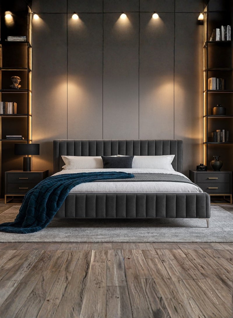 KustomDeco Vibrant Luxury Velvet Upholstered Bed Frame with Channel-Tufted Headboard & Footboard –Modern Customizable Design Dark Grey & Premium Metal Legs Elegant Double Size 120x200cm - Image 2