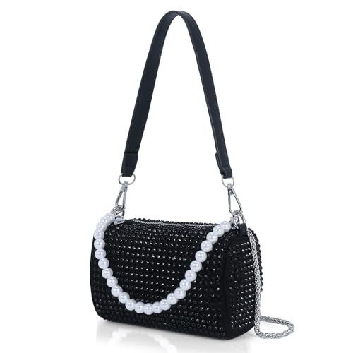 DOSYSO Rhinestone Crossbody sling Bag with Chain strap side Bag Evening Clutch Pearl Handle Designer Handbags for Women Stylish Latest Girls Glitter Ladies Purse for Party Wedding (BLACK) - Image 1