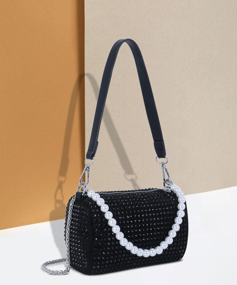 DOSYSO Rhinestone Crossbody sling Bag with Chain strap side Bag Evening Clutch Pearl Handle Designer Handbags for Women Stylish Latest Girls Glitter Ladies Purse for Party Wedding (BLACK) - Image 4