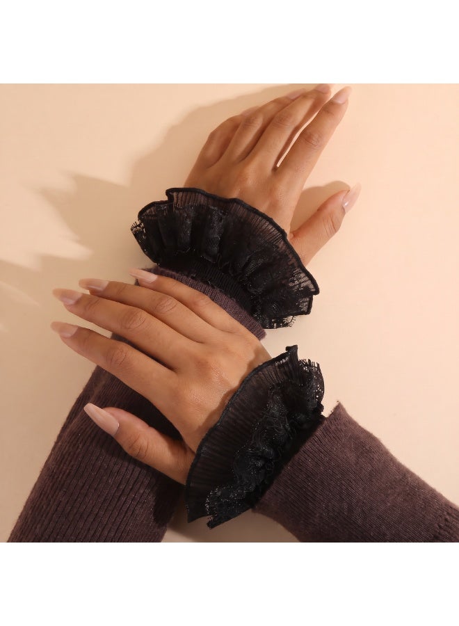 بيكاوفيا أساور أكمام دانتيل مزيفة مزخرفة بالدانتيل الأسود النقي من بيكوفيا - زوج واحد من أكمام الكشكشة المرنة للمعصم لتنسيق العبايات (مقاس واحد) - Image 4