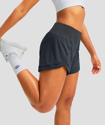 Soothfeel Women's Running Shorts High Waisted Quick-Dry 3 Inch Gym Workout Athletic Shorts for Women with Zipper Pocket(Dark Grey, L) - Image 3