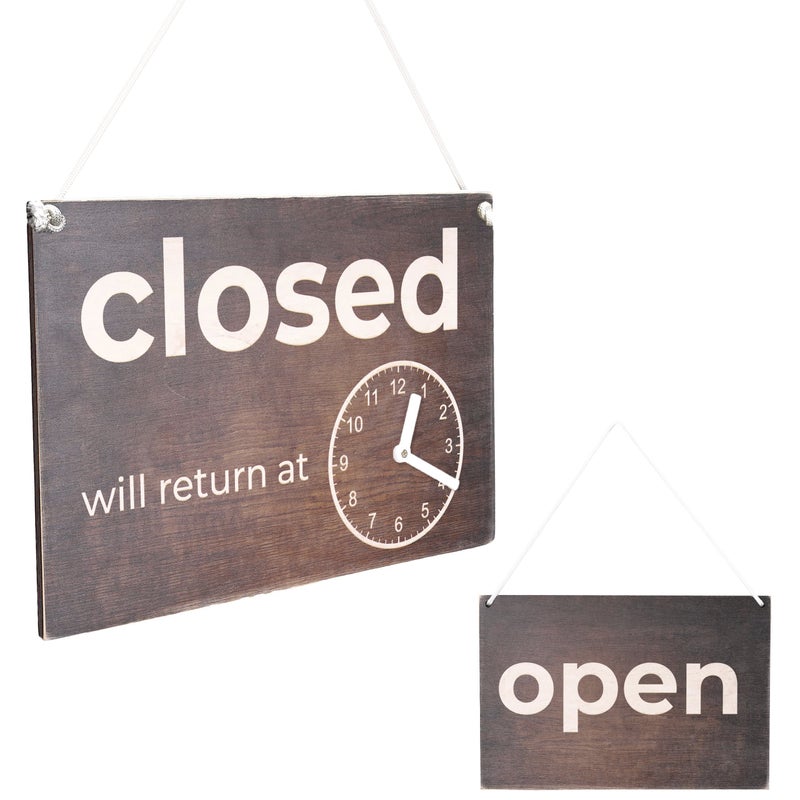 Double-Sided Open Sign with Clock - Rustic Wooden Open Closed Sign with Will Return Clock   Vintage Wood Open and Closed Signs for Business   Decorative Open Closed Sign for Door and Window  12 ? 8 Inches