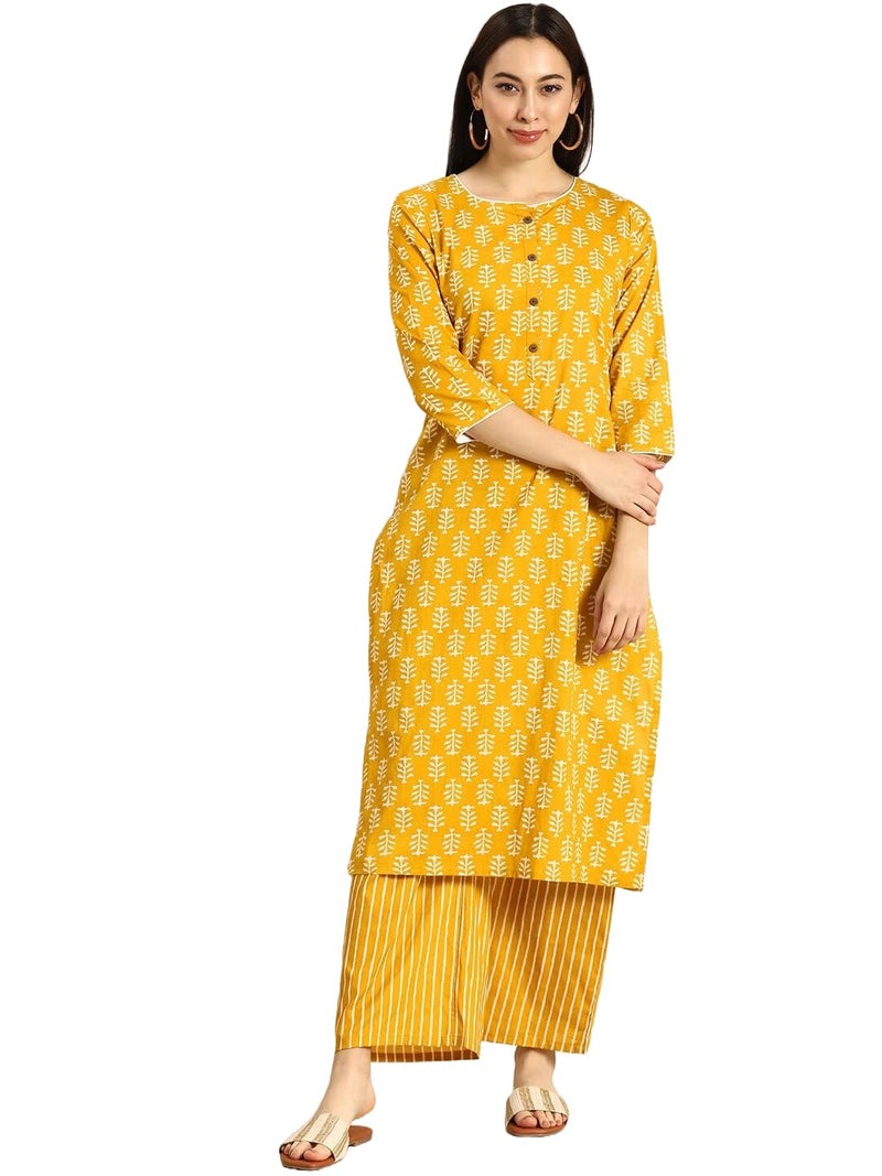 MEERA FAB Women Cotton Printed Floral Straight Kurta With Palazzo, Yellow, Medium - Image 2