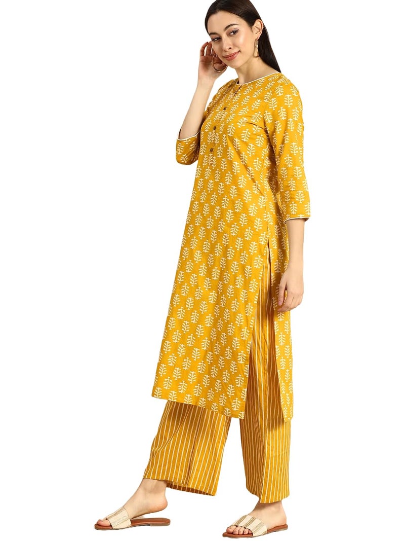 MEERA FAB Women Cotton Printed Floral Straight Kurta With Palazzo, Yellow, Medium - Image 3