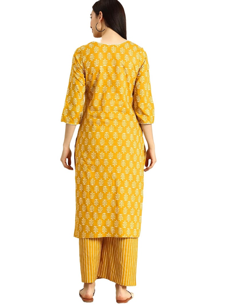 MEERA FAB Women Cotton Printed Floral Straight Kurta With Palazzo, Yellow, Medium - Image 4