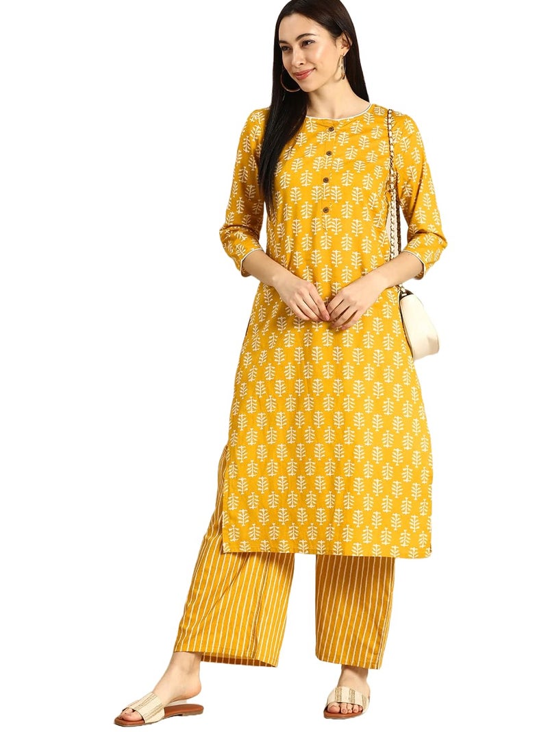 MEERA FAB Women Cotton Printed Floral Straight Kurta With Palazzo, Yellow, Medium - Image 1
