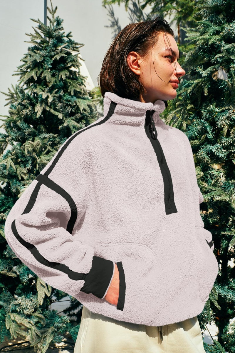 Panadila Womens Half Zip Sherpa Fleece Pullover Soft Oversized Sweatshirt with Pockets Warm Fuzzy Sweater (White,XL) - Image 3